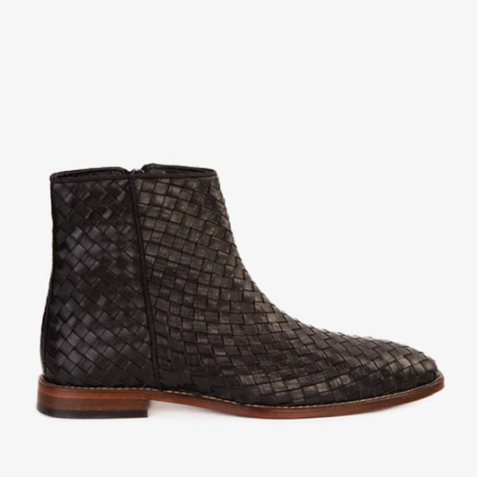 The Wellington Black Handwoven Leather Men Boot with a Zipper