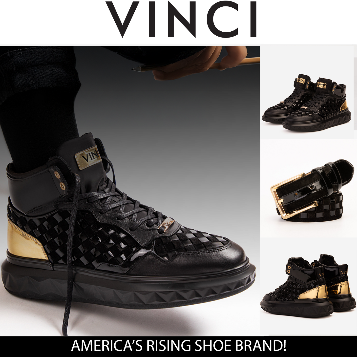 Zapatillas altas de cuero tejido en negro y dorado Eugene para hombre