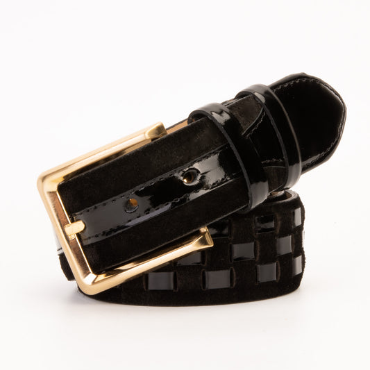 Cinturón de cuero tejido en negro y dorado de Eugene