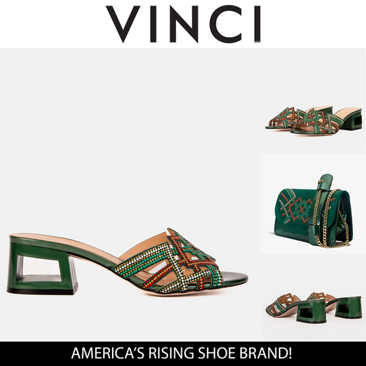 Sandalia de tacón de bloque de piel con purpurina verde Palma para mujer