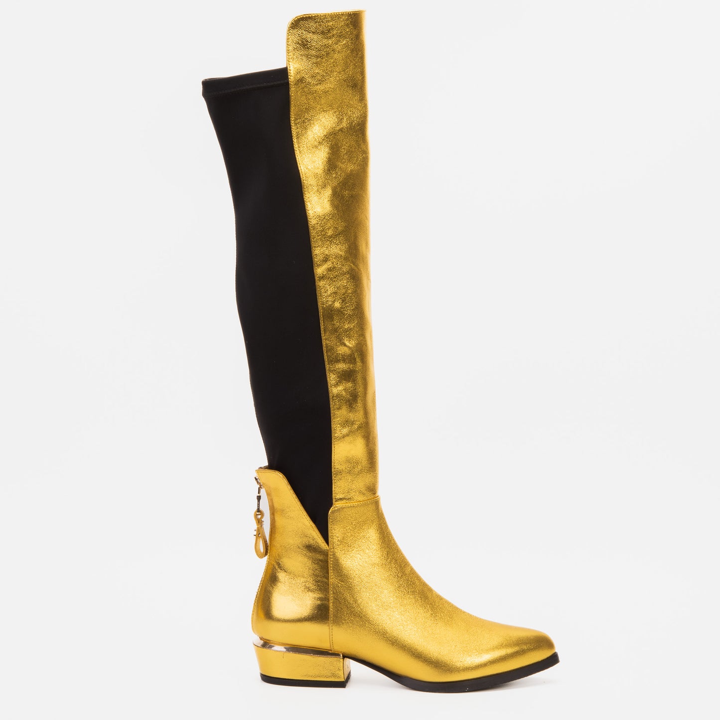 Las botas de mujer Fairoks de cuero dorado con punta afilada hasta la rodilla