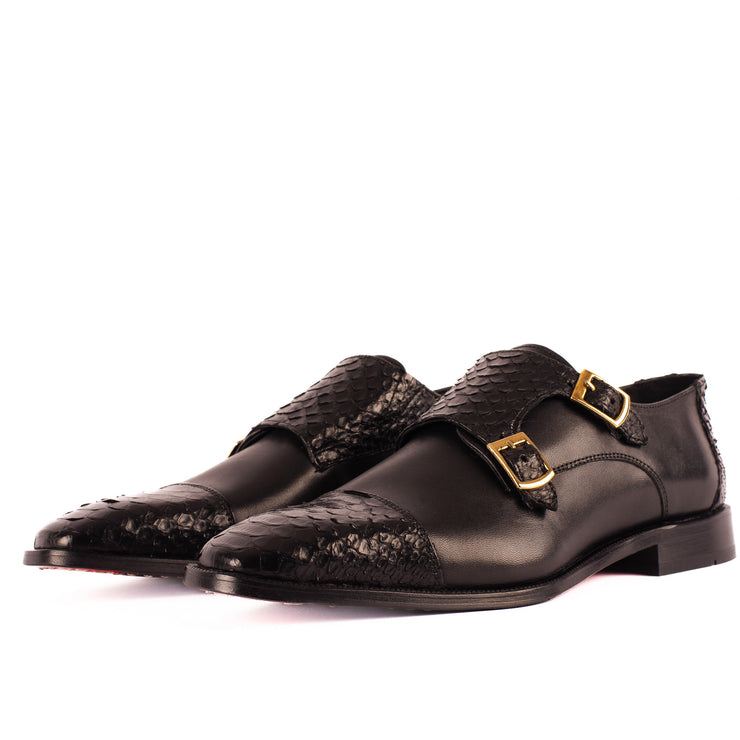 The Bishkek Black Leather Cap Toe Double Monk Strap Shoe