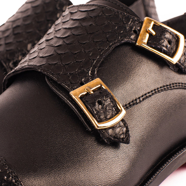 The Bishkek Black Leather Cap Toe Double Monk Strap Shoe