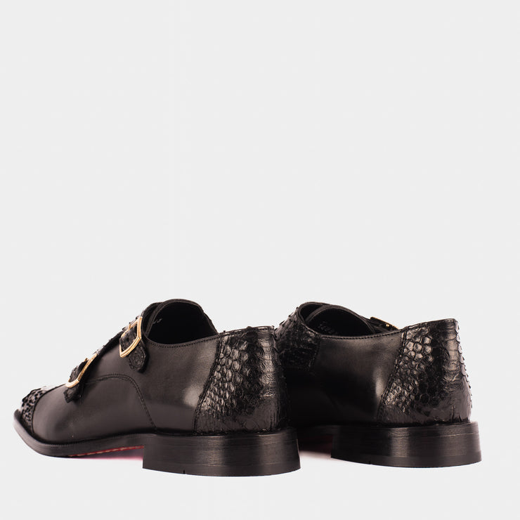 The Bishkek Black Leather Cap Toe Double Monk Strap Shoe