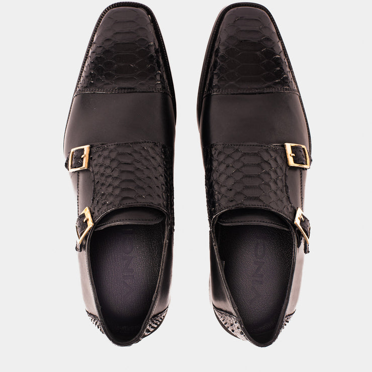 The Bishkek Black Leather Cap Toe Double Monk Strap Shoe