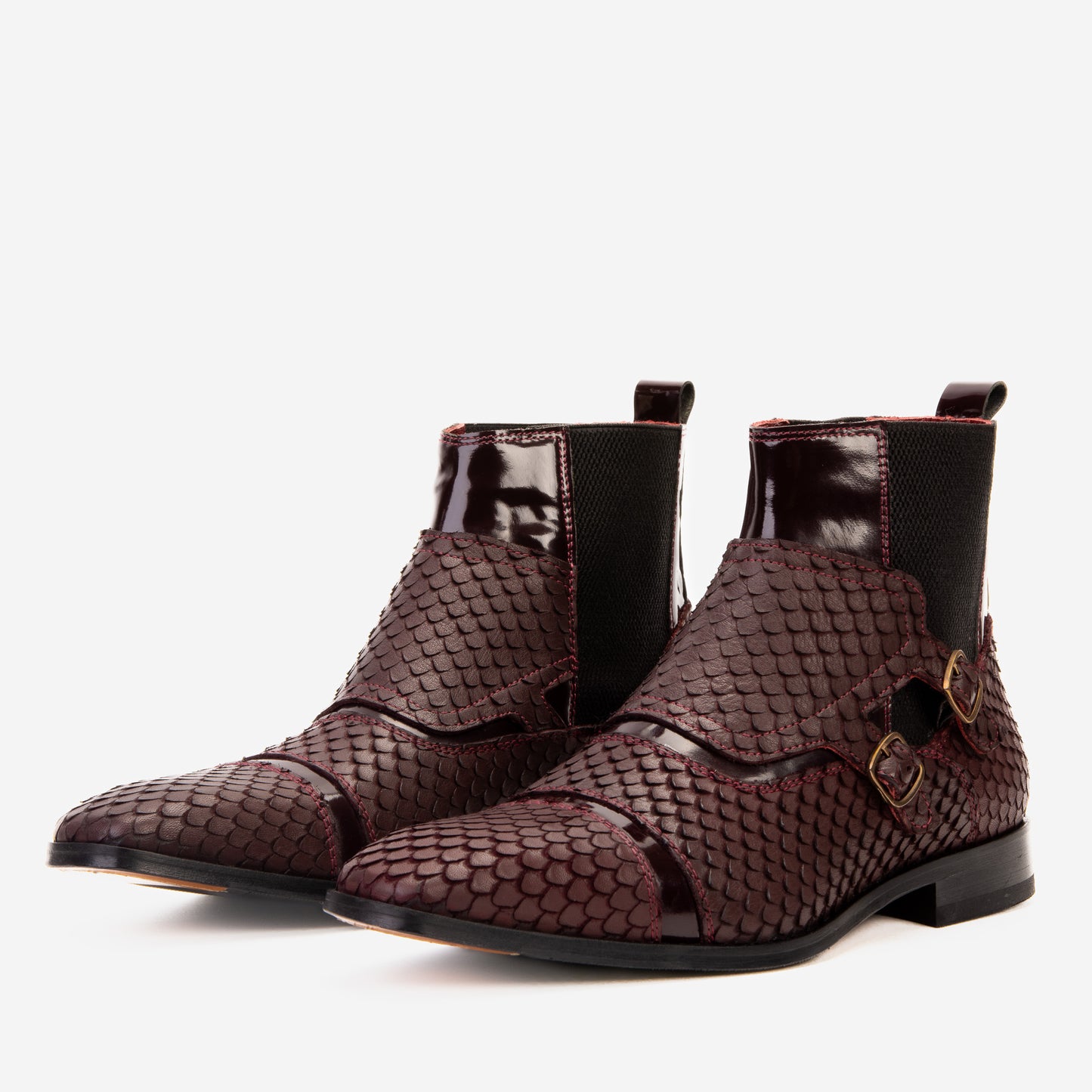 The Orion Burgundy Snakeskin Pattern Leather Double Monk Strap Boot