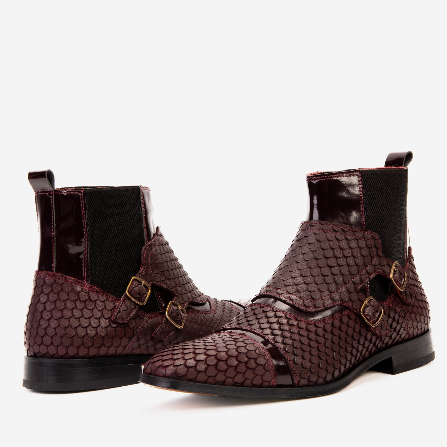 The Orion Burgundy Snakeskin Pattern Leather Double Monk Strap Boot