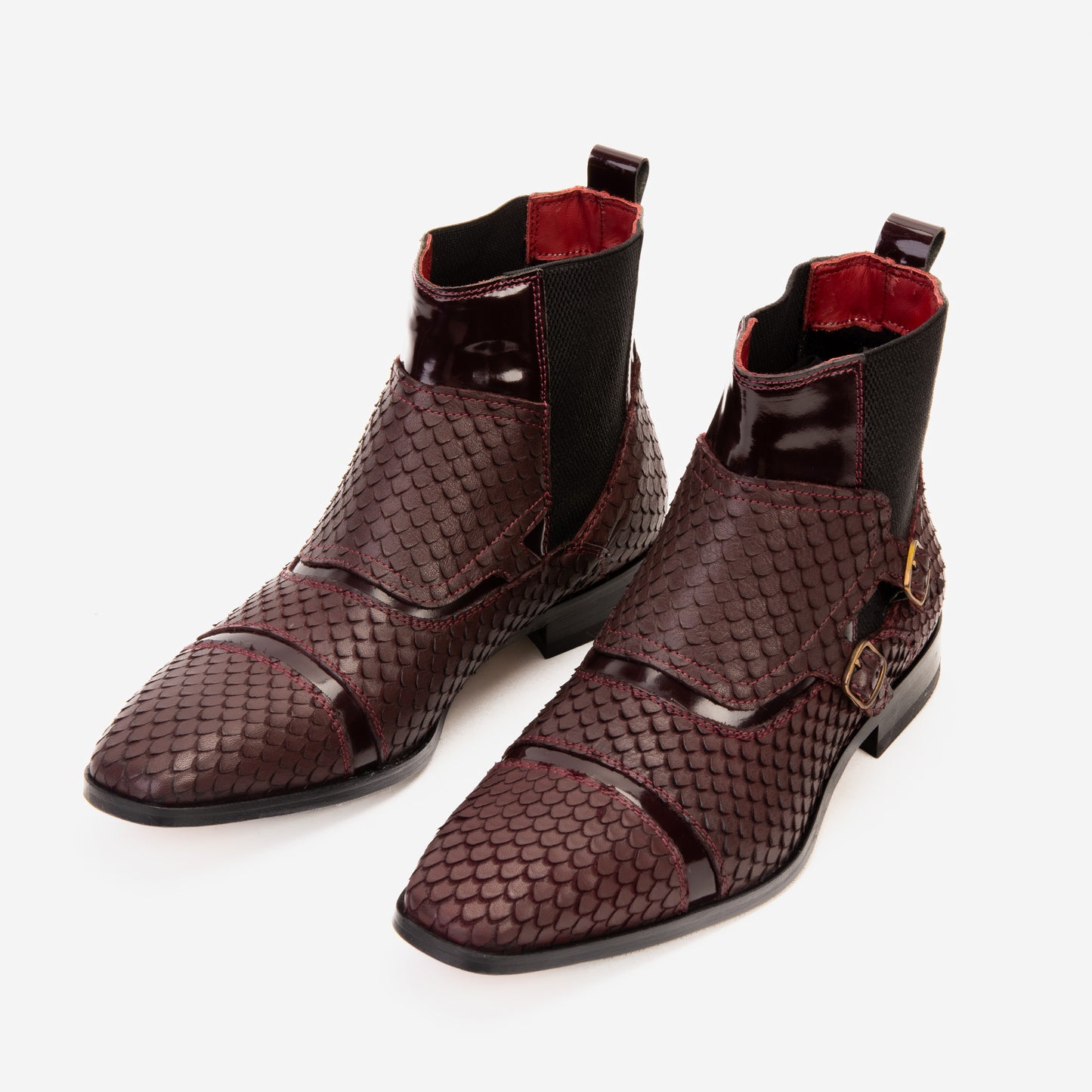 The Orion Burgundy Snakeskin Pattern Leather Double Monk Strap Boot