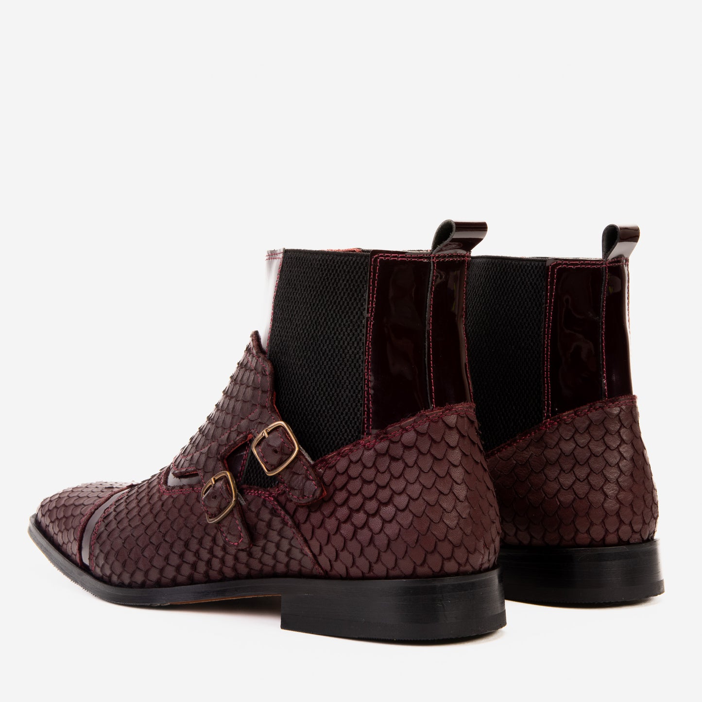 The Orion Burgundy Snakeskin Pattern Leather Double Monk Strap Boot