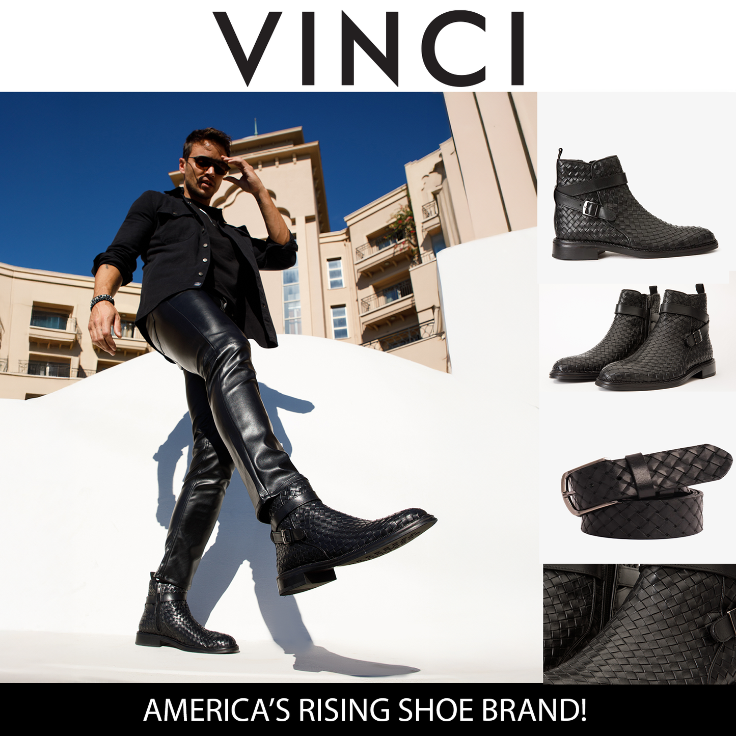 Bota para hombre con cremallera y hebilla con tiras cruzadas de cuero tejido a mano en color negro Morral