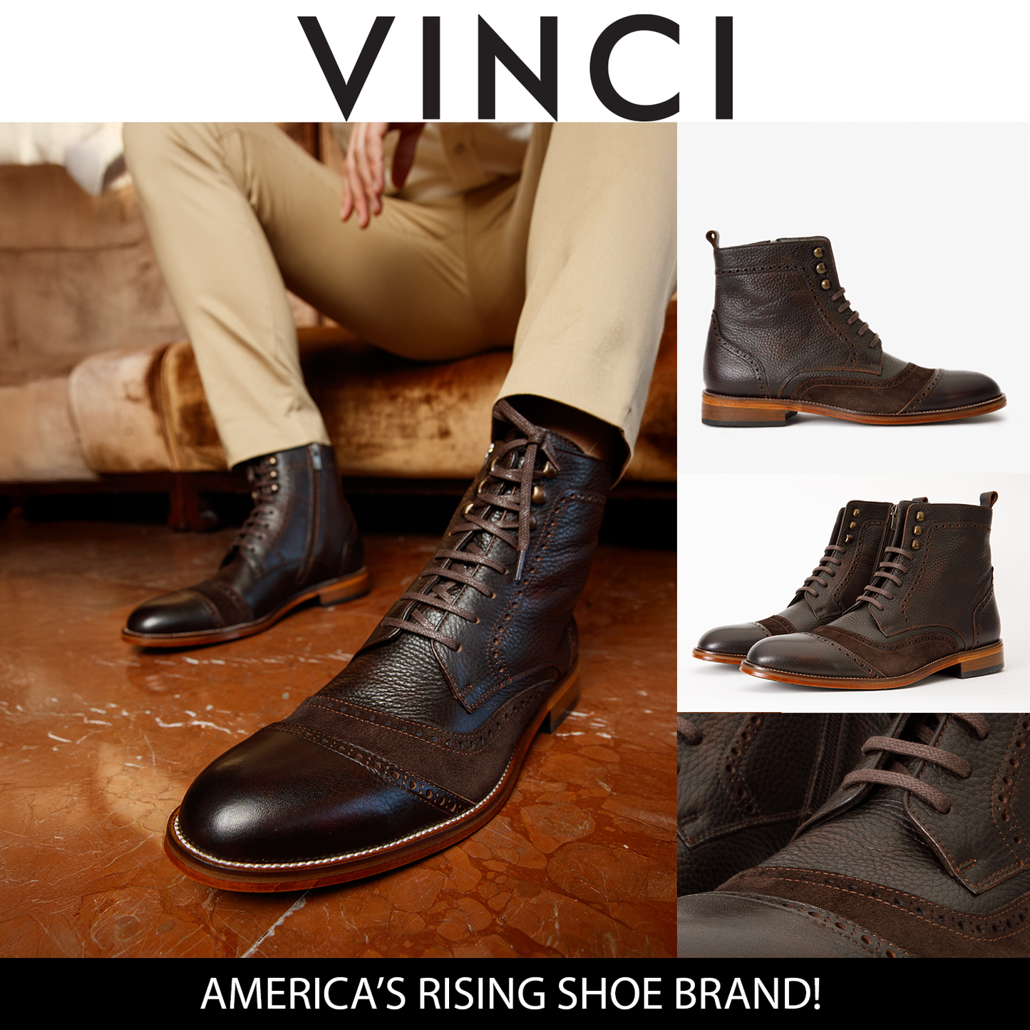 Bota con cordones y cremallera para hombre de cuero y ante marrón Anderson