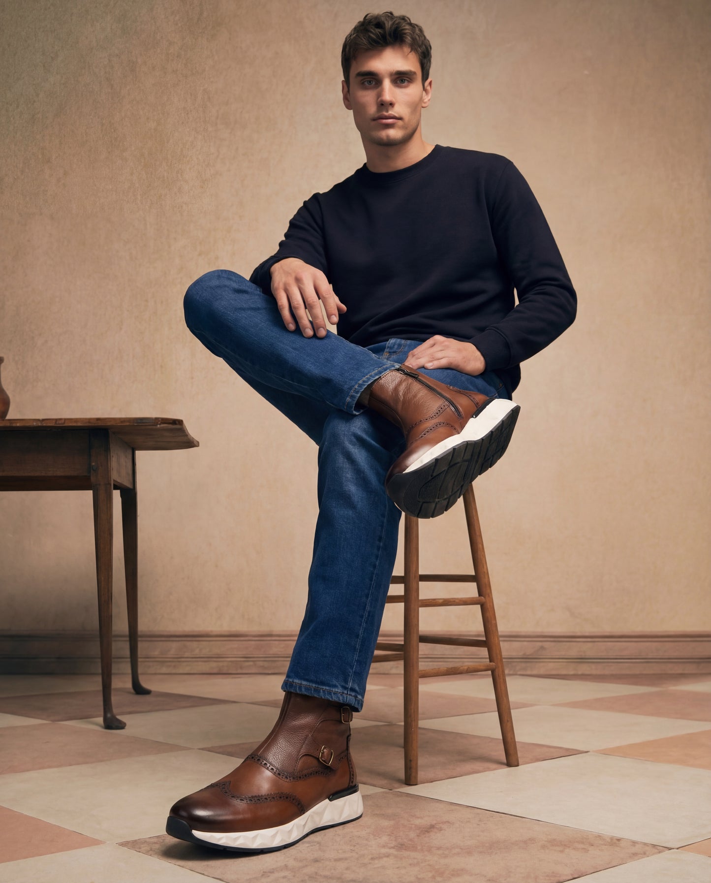 La bota de hombre de cuero marrón con hebilla Stealth Wingtip