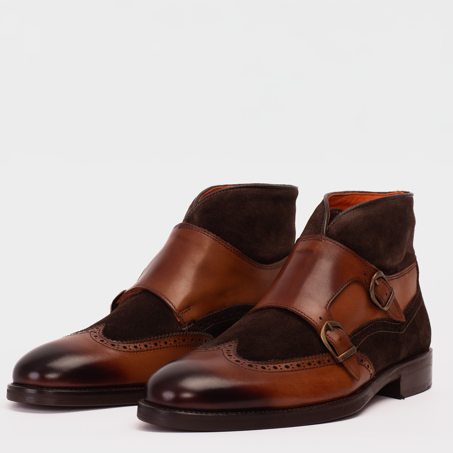 Bota de monje con doble tira de ante y cuero color canela Albus para hombre