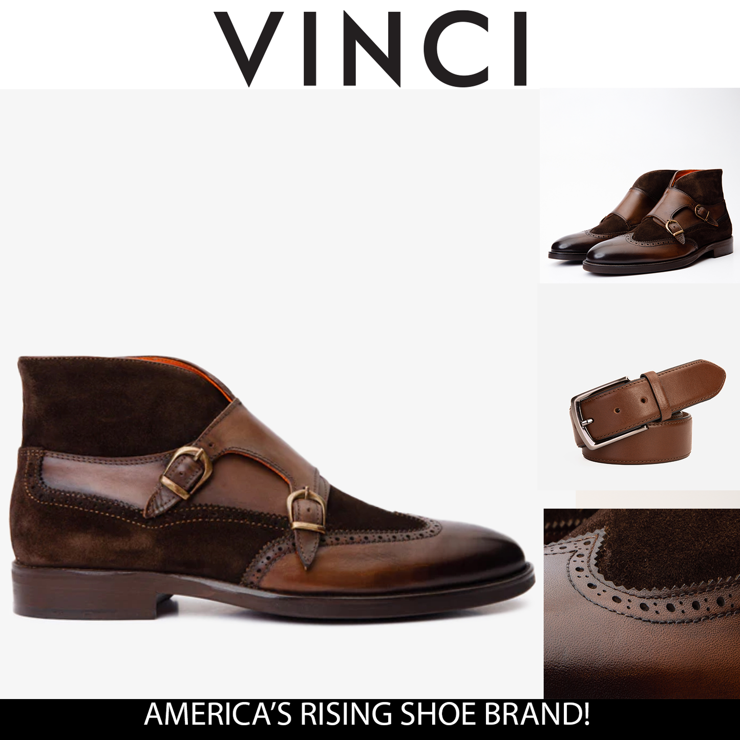 Bota de hombre estilo monk brogue con doble tira de cuero y ante marrón Albus
