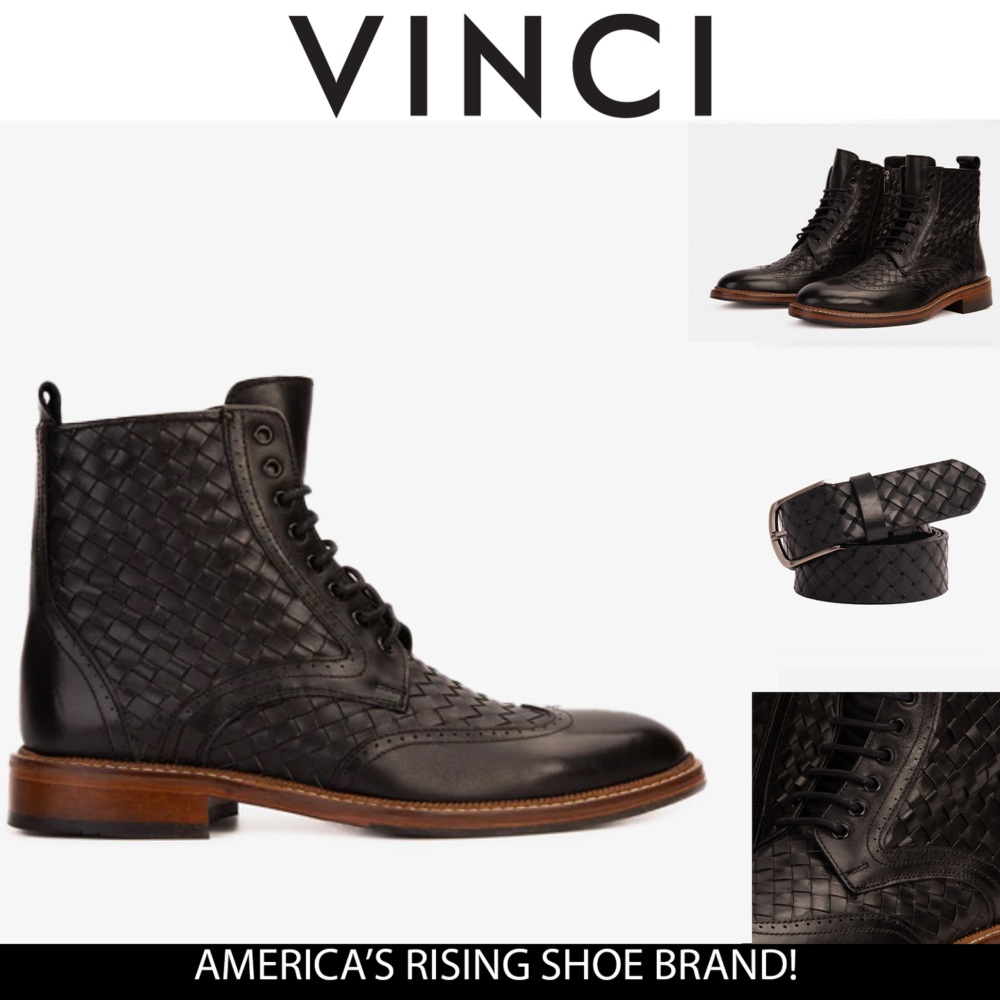 Bota de hombre Loddon de cuero negro con punta de ala, brogue, tejida a mano, con cordones y cremallera