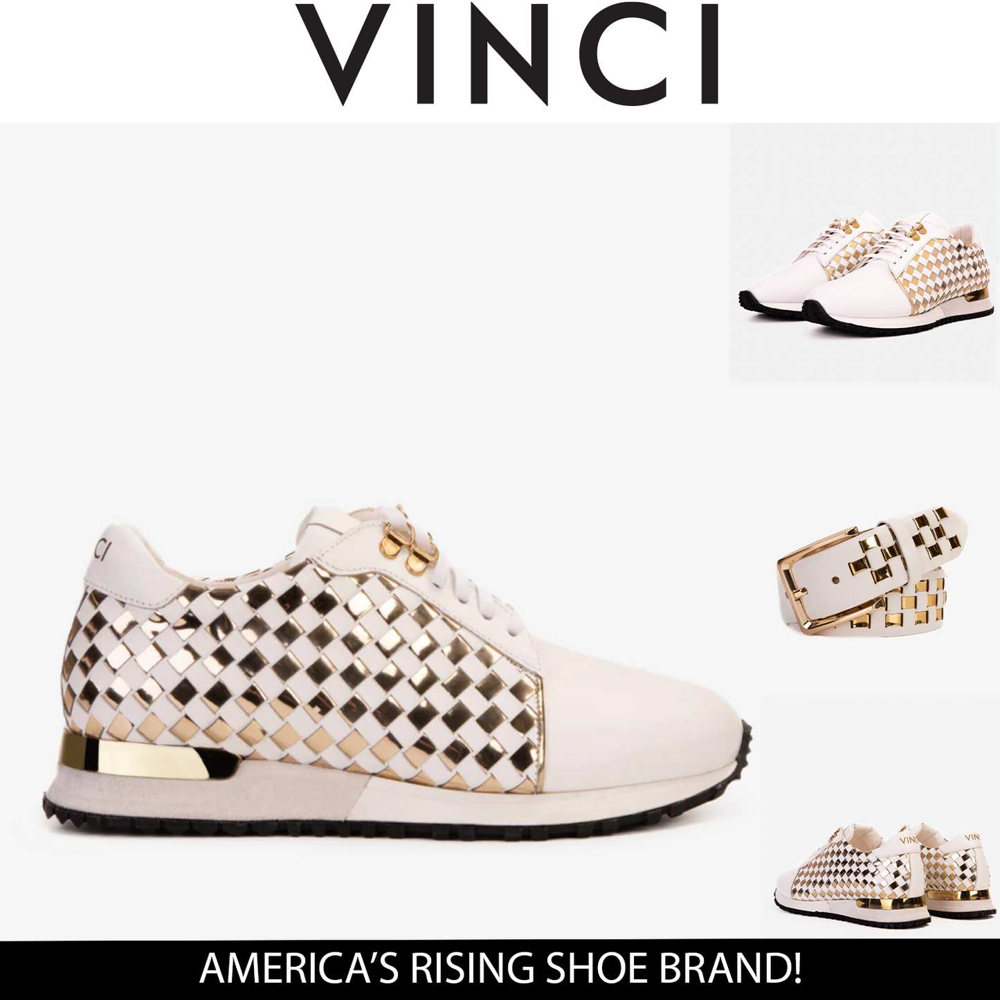 Zapatillas de deporte de cuero tejido blanco y dorado Mackenzie para hombre