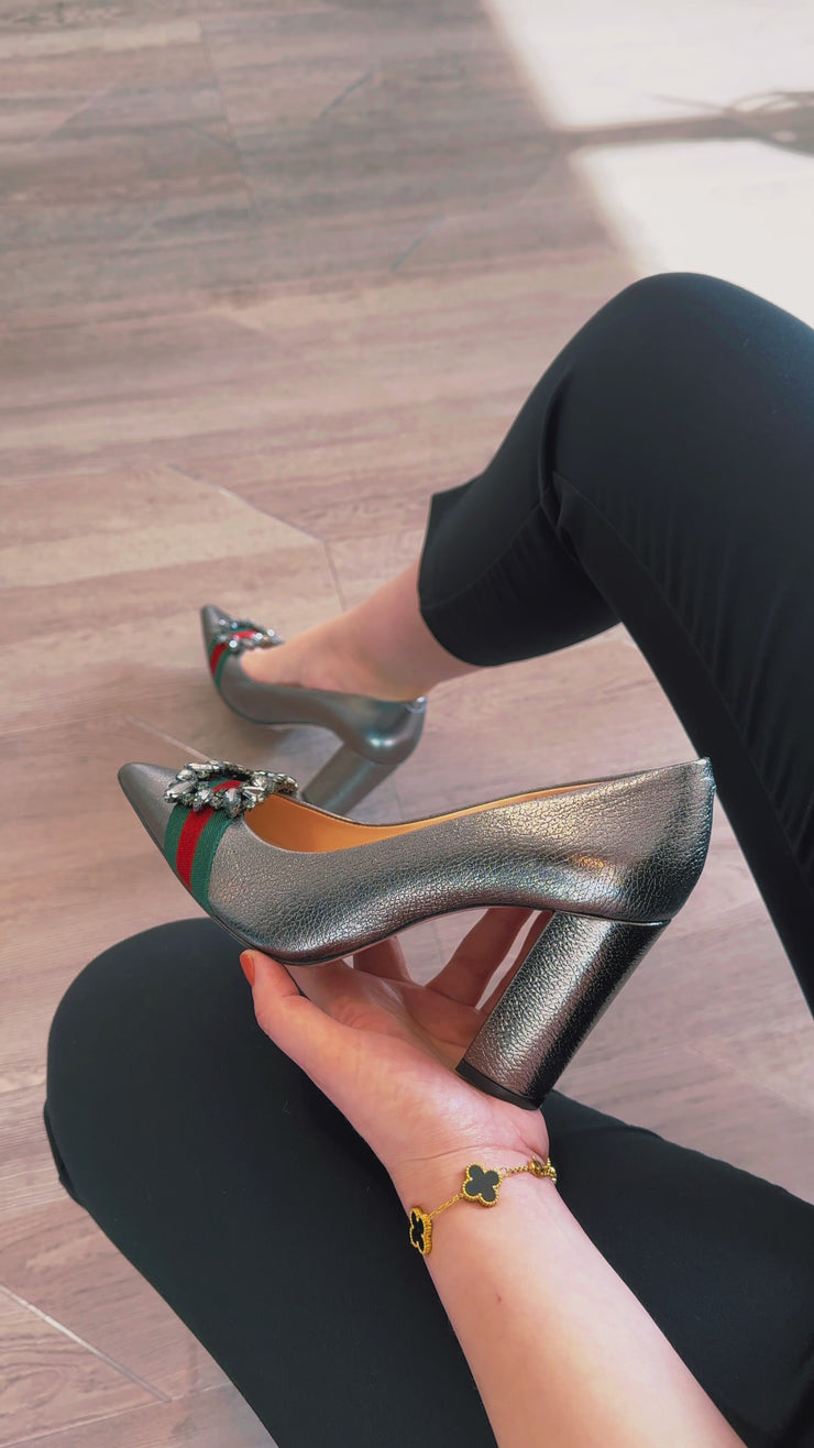 The Afega Silver Leather Block Heel Pump