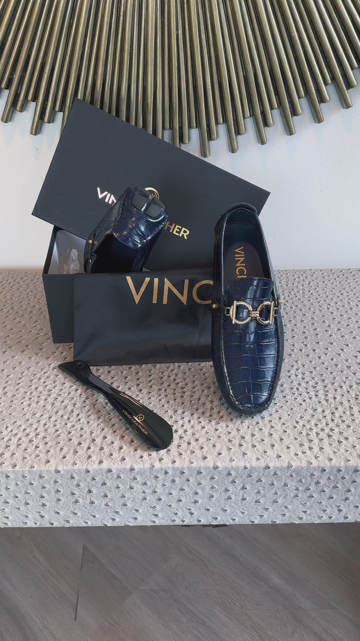 The Pisa Navy Leather Bit Drive Loafer Shoe