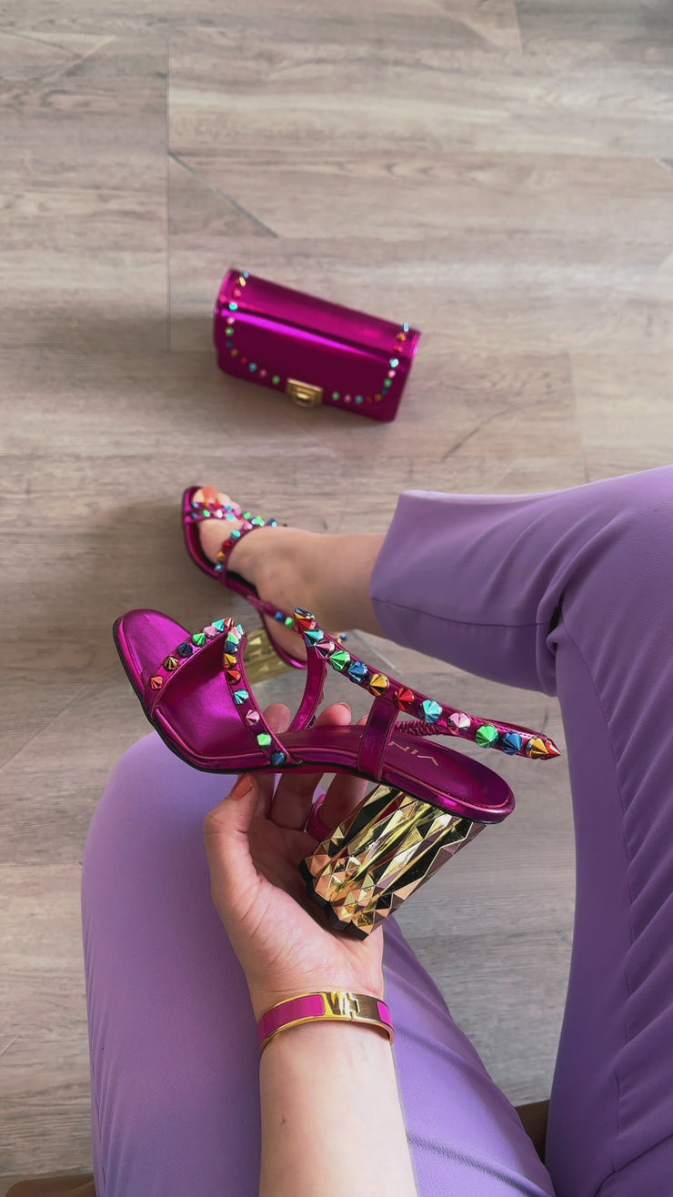 The Caris Fuchsia Block Heel Spike Leather Sandal
