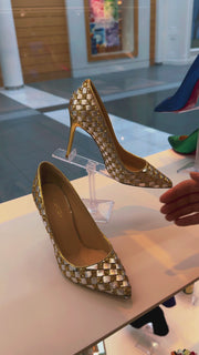 The Saks Tory Gold & Silver Handwoven Leather Pump