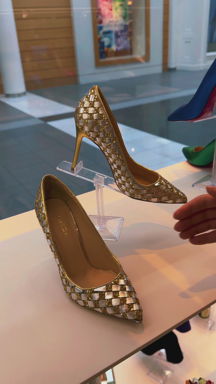 The Saks Tory Gold & Silver Handwoven Leather Pump