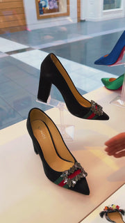 The Afega Black Suede Leather Block Heel Pump