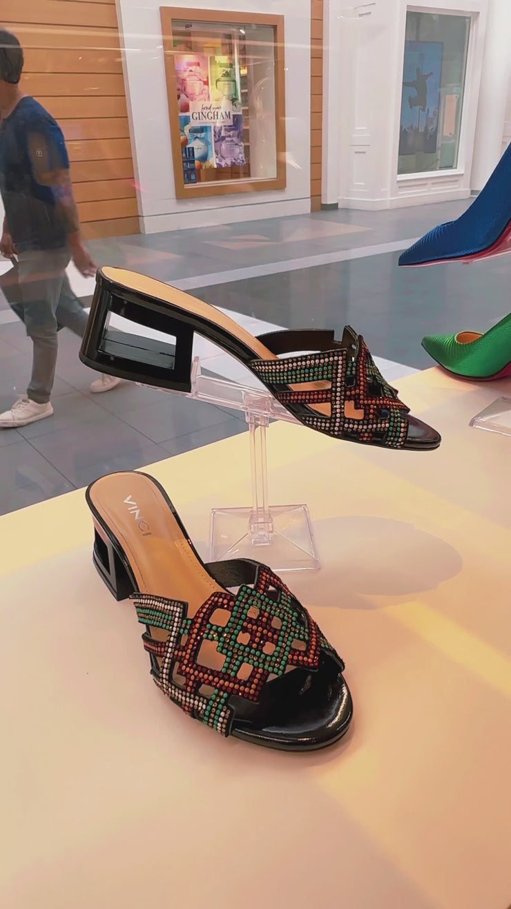 The Palma Black Glitter Leather Block Heel Sandal