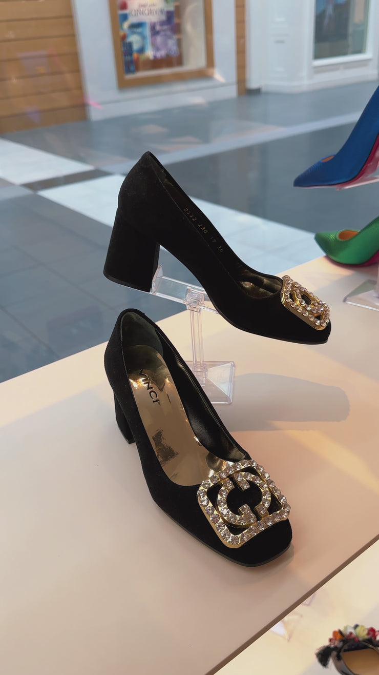 The California Black Suede Leather Block Heel Pump