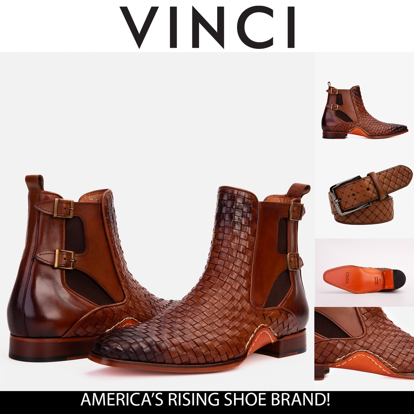 Zapato de hombre hecho a mano con doble hebilla y cuero trenzado en color canela de The Rolls Boot