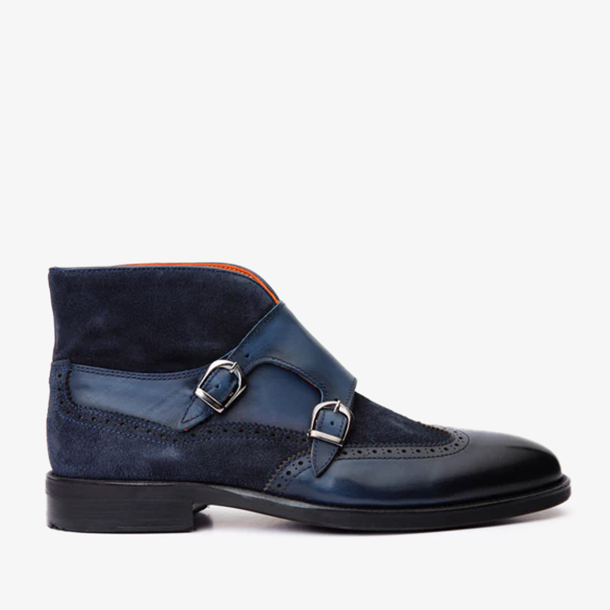 The Albus Navy Blue Leather & Suede Double Strap Monk Brogue Men Boot