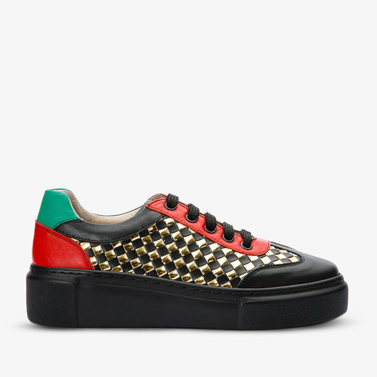 The Messina Black & Gold Woven Leather Women Sneaker