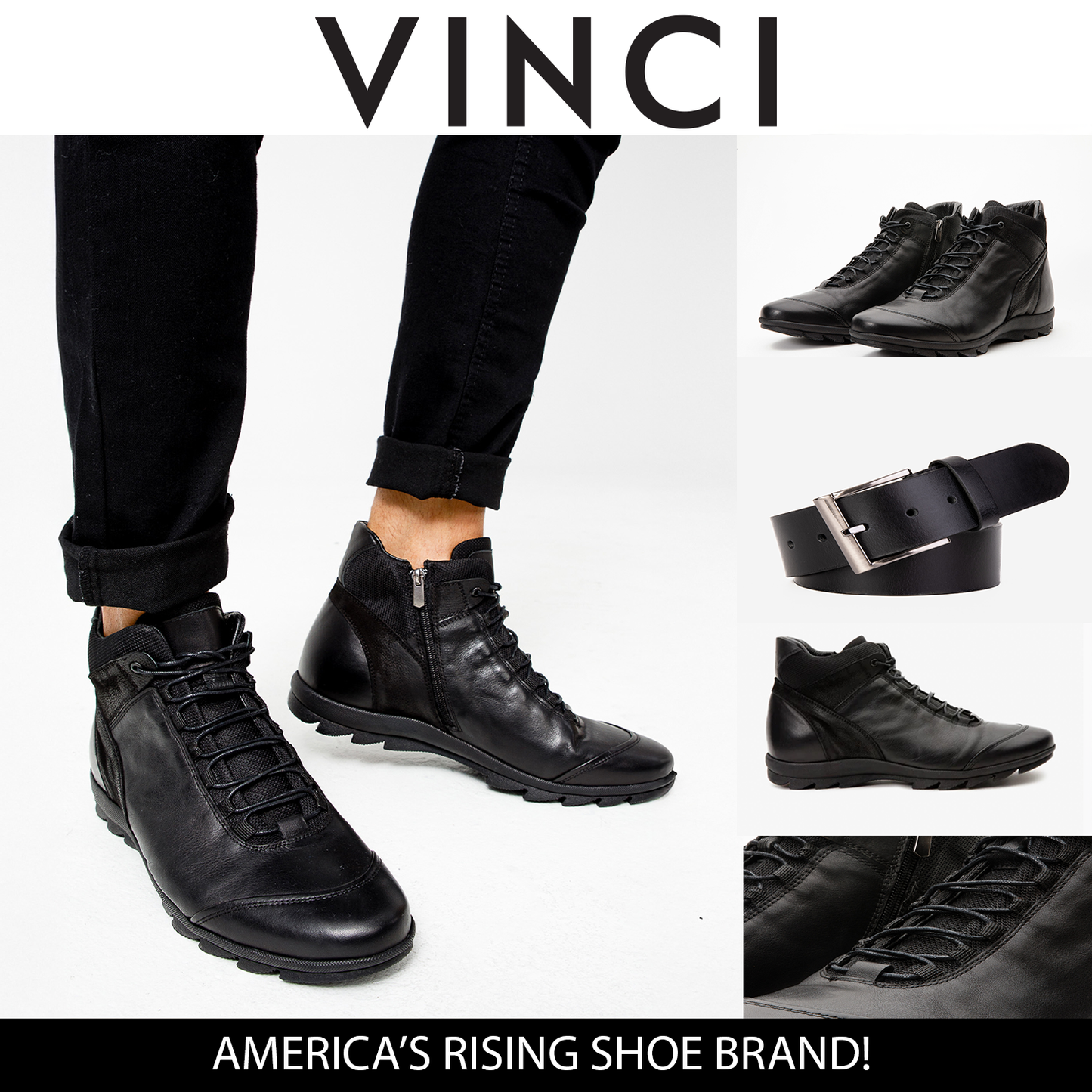 The Houston Leather Black Lace-Up Casual Men Boot with a Zipper