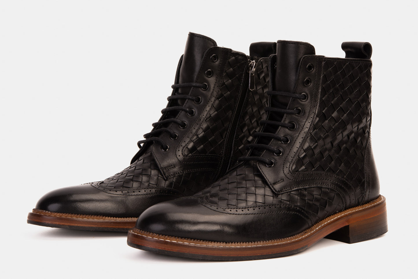 The Loddon Black Leather Wingtip Brogue Handwoven Lace-Up Men Boot with a Zipper