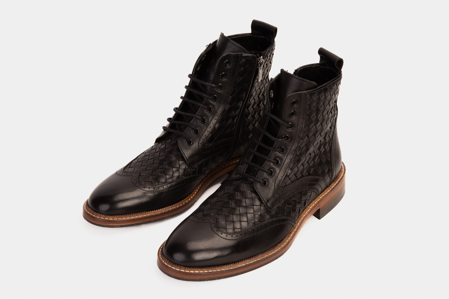 The Loddon Black Leather Wingtip Brogue Handwoven Lace-Up Men Boot with a Zipper