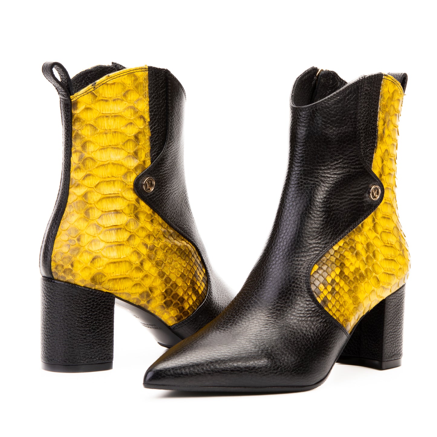 Las botas de mujer de tacón bloque de cuero Pythn amarillo Saturno