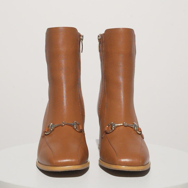 The Bukres Tan Leather Block Heel Mid Calf Boot