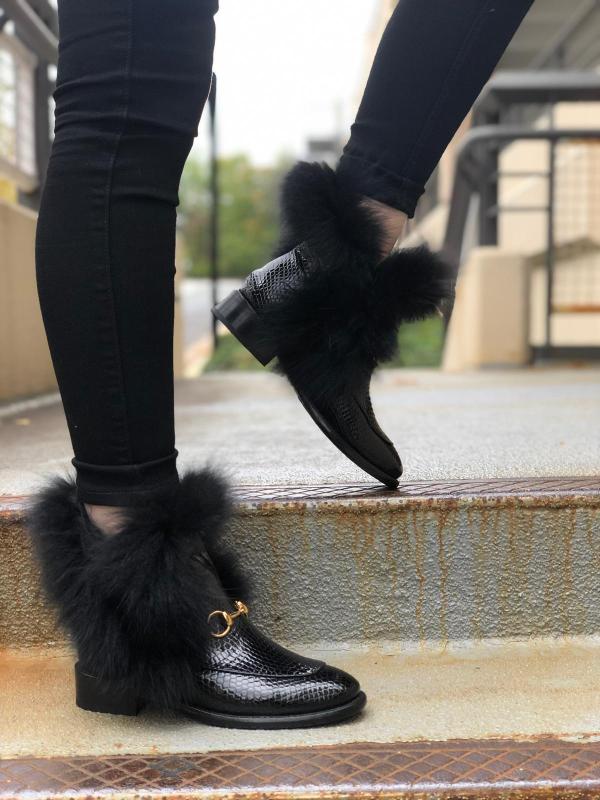 The Izmir Black Patent Leather Natural Fur Mid Calf Women  Boot