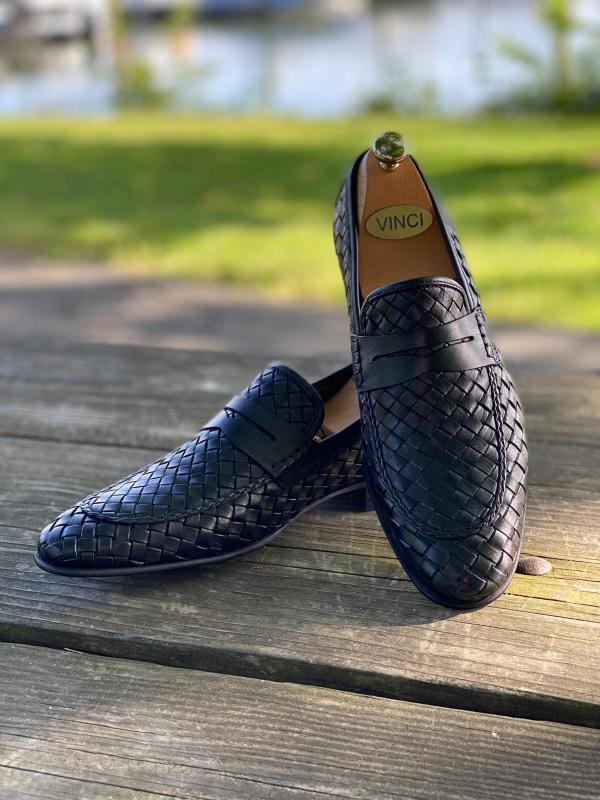The Grand Woven Leather Black  Men Shoe Penny Loafer