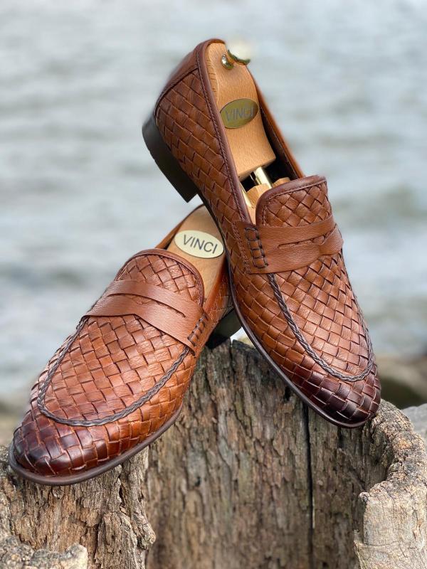 The Grand Woven Leather Brown Shoe Penny Loafer