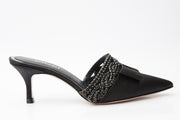 The Volga Black Leather Kitten Heel Pointy Toe Sandal