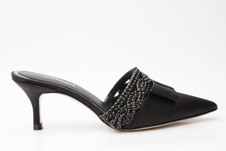 The Volga Black Leather Kitten Heel Pointy Toe Sandal