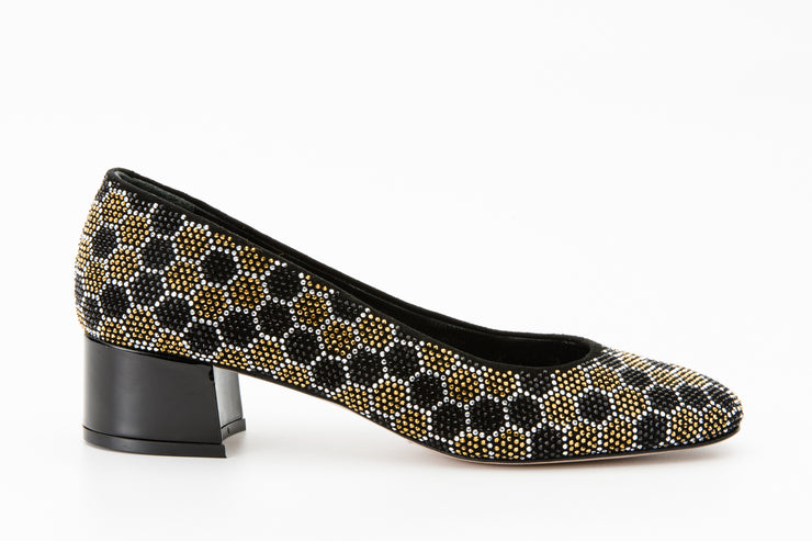 The Doha Gold & Black Glitter Leather Block Pump