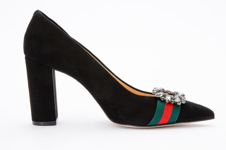 The Afega Black Suede Leather Block Heel Pump