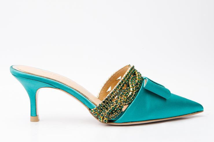 The Volga Green Leather Kitten Heel Pointy Toe Sandal