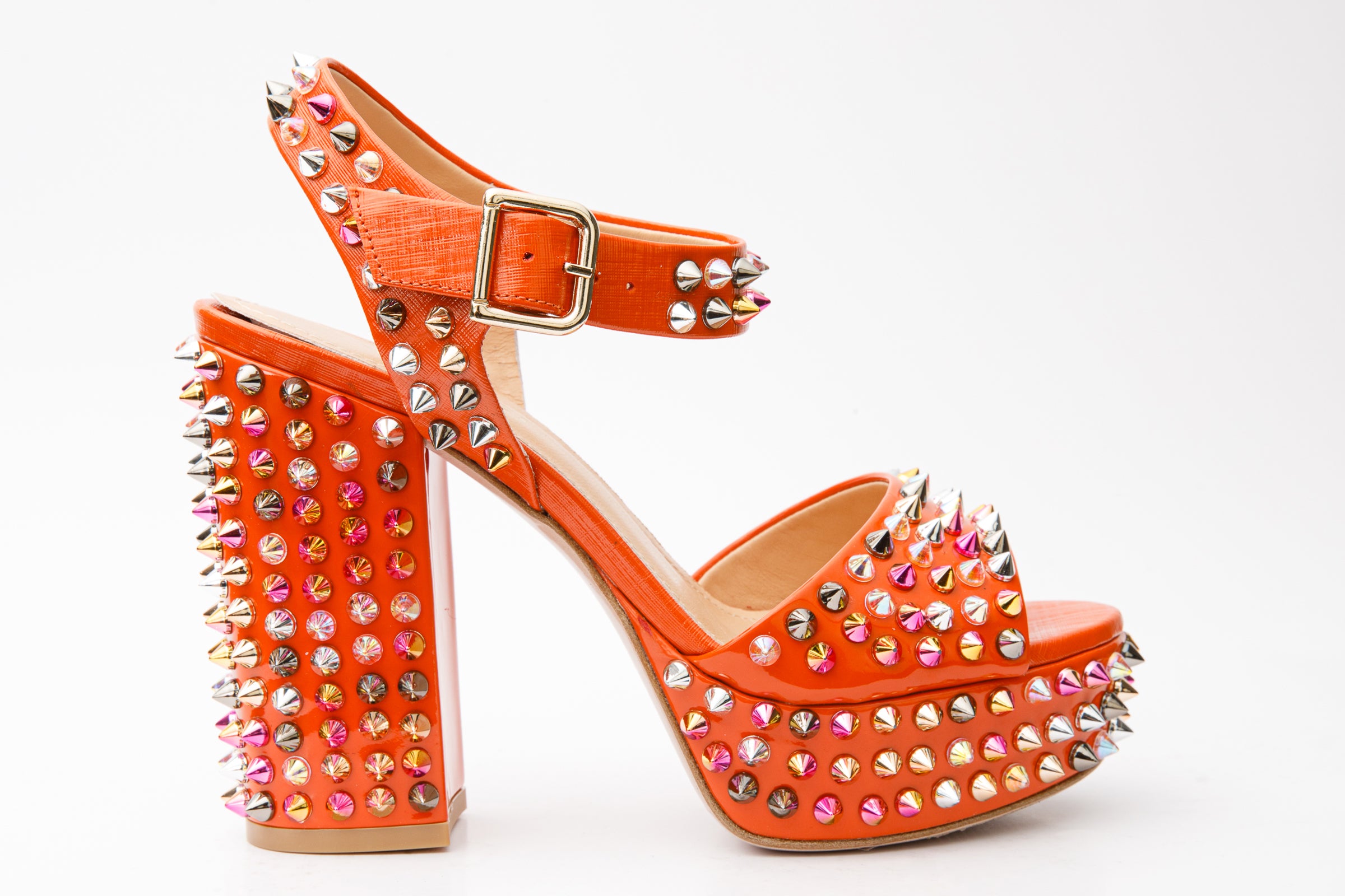 The Tampico Orange Patent Leather Spike Platform Heel Sandal