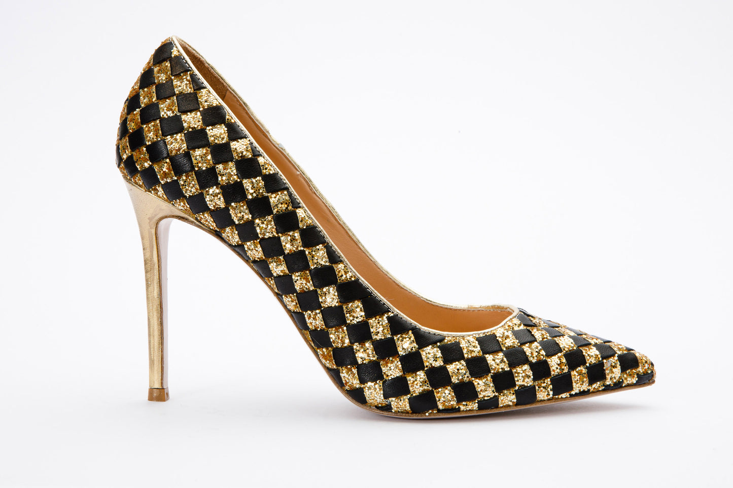 The Saks Tory Gold & Black Handwoven Leather Pump Women Shoe