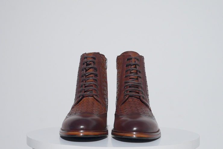 The Loddon Brown Leather Wingtip Brogue Handwoven Lace-Up Boot with a Zipper