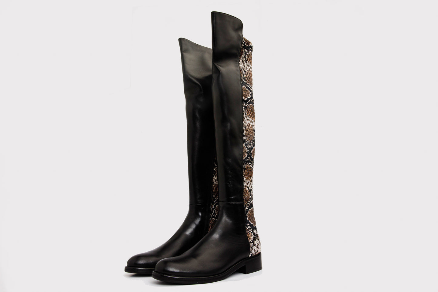 The Moengo Black Leather Leopard Knee High Women Boot