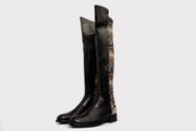 The Moengo Black Leather Leopard Knee High Boot
