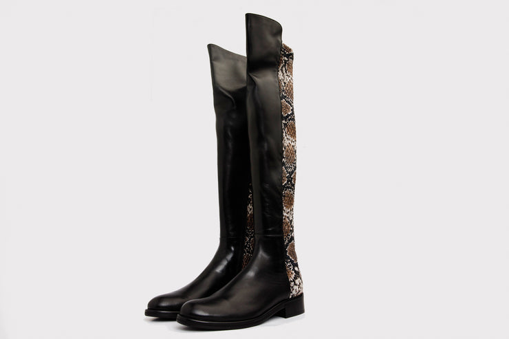 The Moengo Black Leather Leopard Knee High Boot